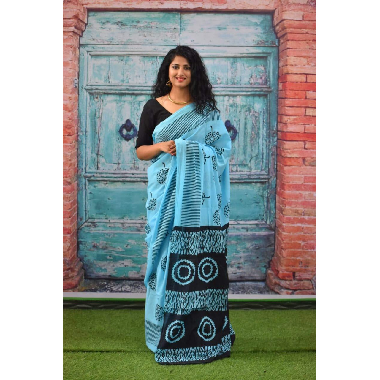 Jalther Handicrafts Womens Ikat Hand Block Print Jaipuri Cotton Mulmul Saree with Blouse Piece - Blue