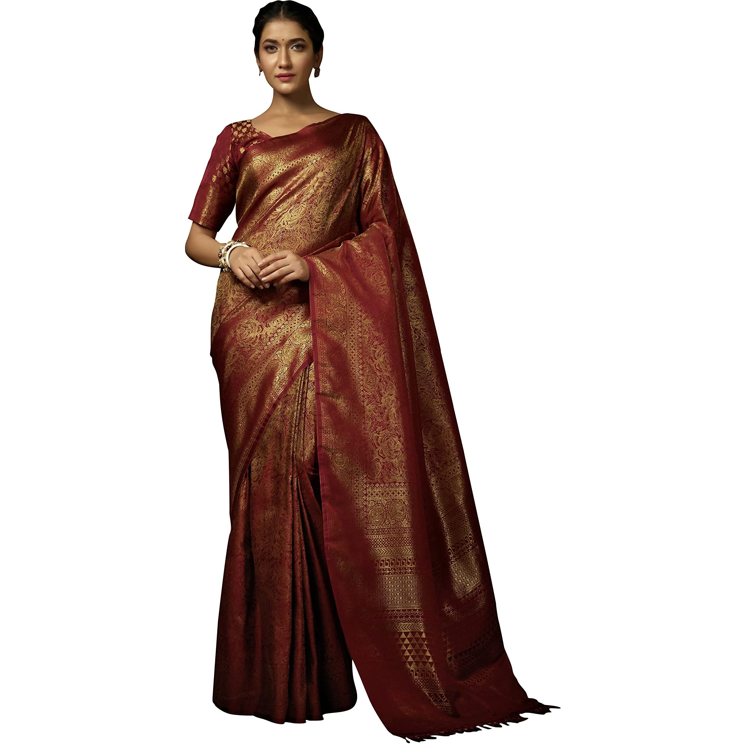Vardha Womens Kanchipuram Art Silk Saree with Unstitched Blouse Piece - Zari Woven Work Sarees for Wedding (Asya Silk, 393, Maroon)
