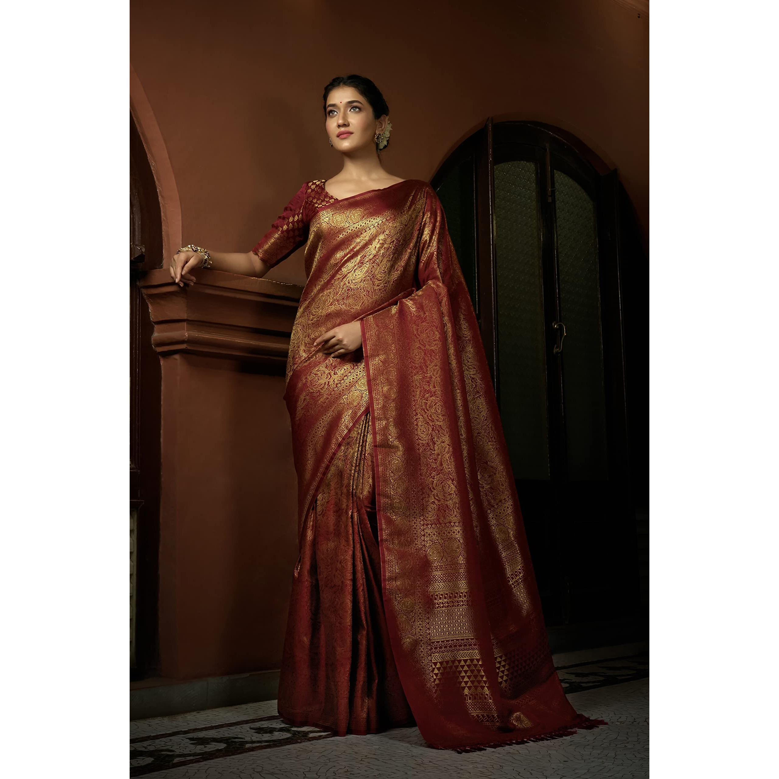 Vardha Womens Kanchipuram Art Silk Saree with Unstitched Blouse Piece - Zari Woven Work Sarees for Wedding (Asya Silk, 393, Maroon)