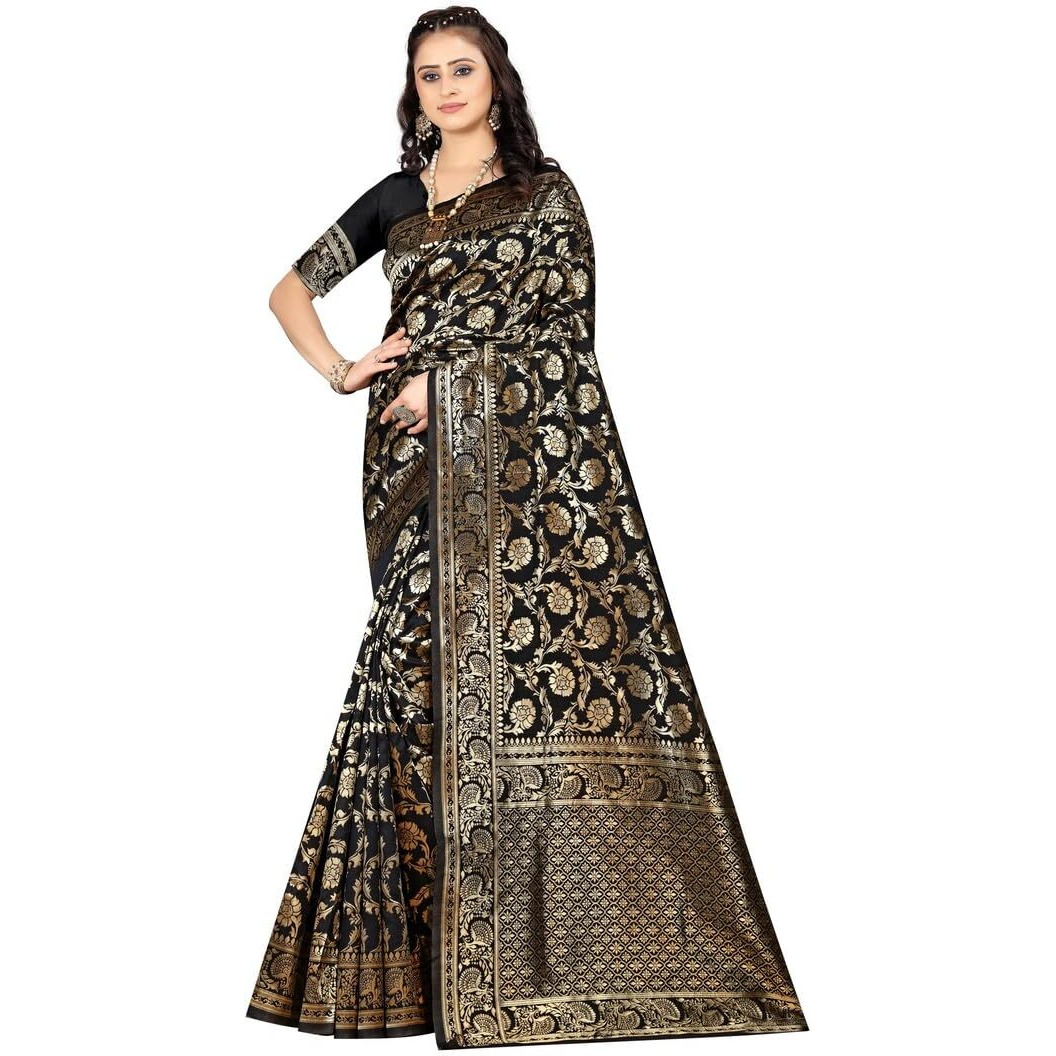 Sugathari Womens Banarasi Saree Pure Kanjivaram Silk Saree Soft new ladies 2023 Design Wear Pattu Sarees Latest Cotton Party Sari collections With Blouse Piece for Wedding sadi (SAM PARI-164 BLACK)
