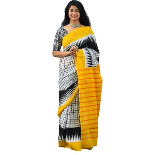 Jalther Handicrafts Womens Ikat Hand Block Print Jaipuri Cotton Mulmul Saree with Blouse Piece Yellow