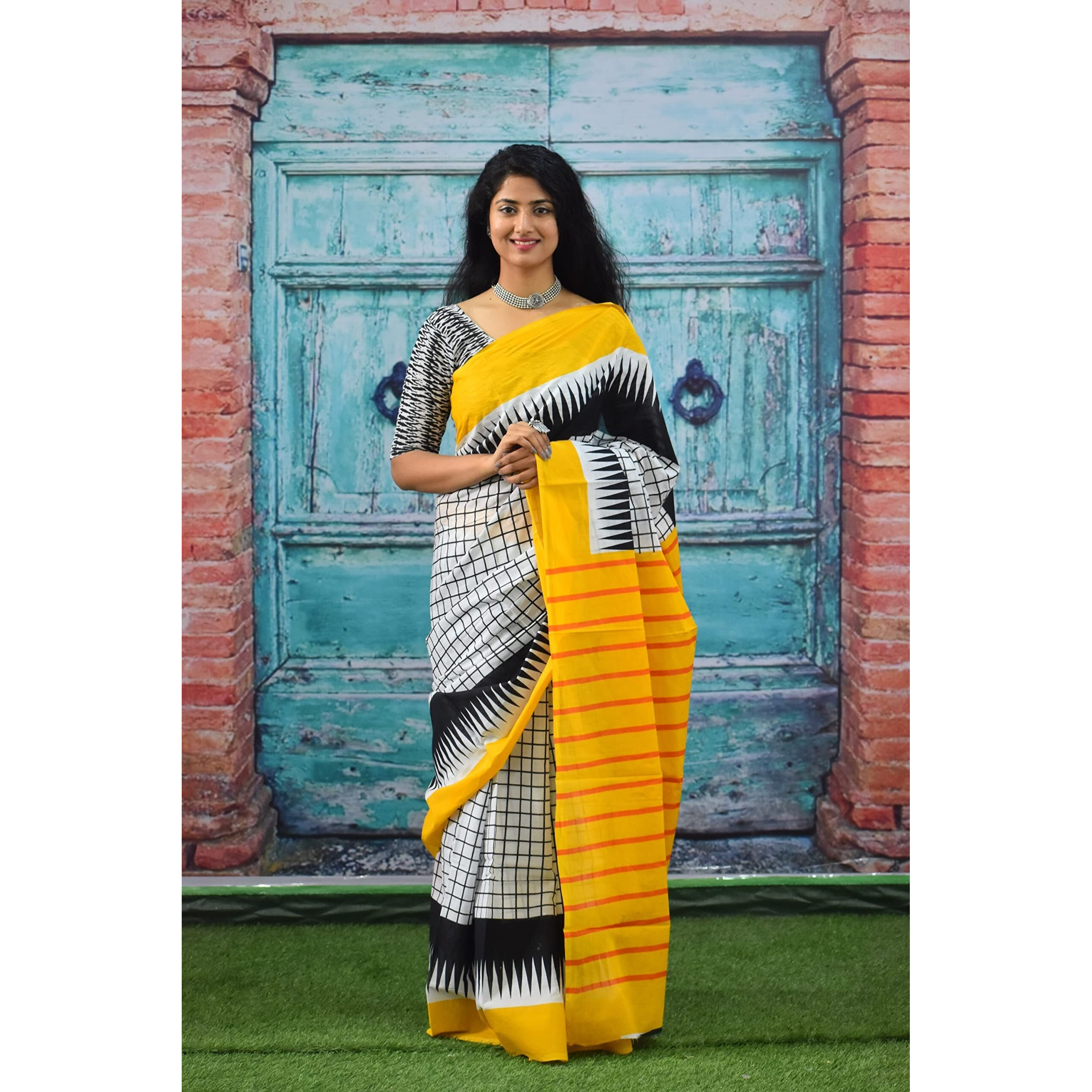 Jalther Handicrafts Womens Ikat Hand Block Print Jaipuri Cotton Mulmul Saree with Blouse Piece Yellow