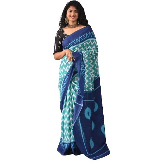 Jalther Handicrafts Womens Ikat Hand Block Print Jaipuri Cotton Mulmul Saree with Blouse Piece Blue