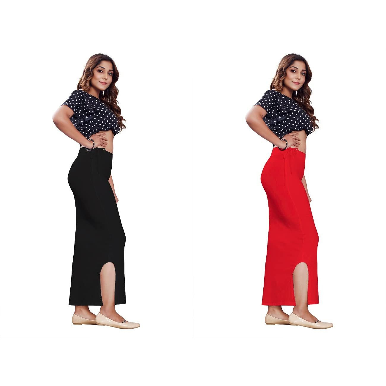 POOJARAN Microfiber Saree Shapewear,Petticoat,Skirts for Women, Cotton Blended Shape Wear for Saree with Drawstring(Rope) (Black & RED, M)