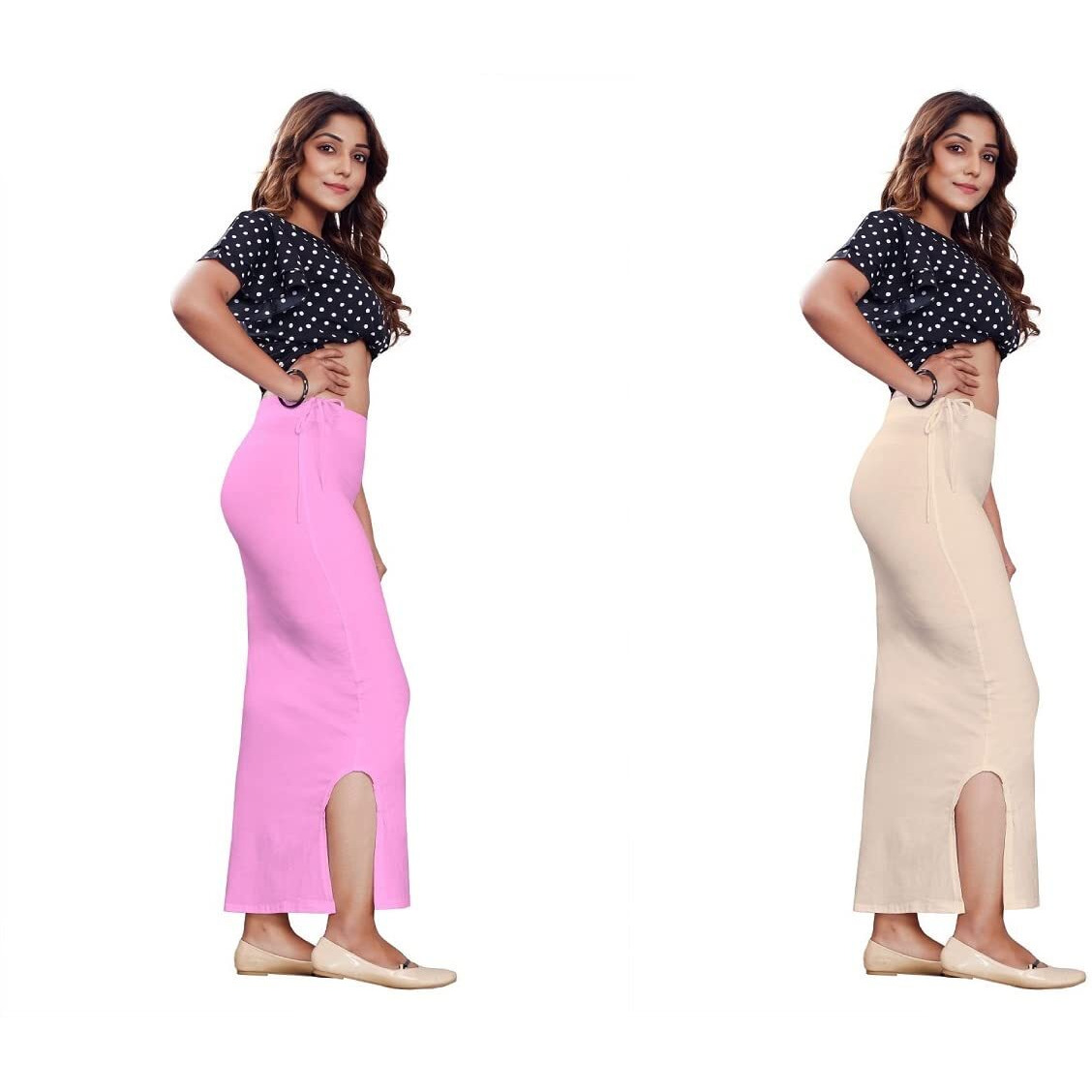 POOJARAN Microfiber Saree Shapewear,Petticoat,Skirts for Women, Cotton Blended Shape Wear for Saree with Drawstring(Rope) (Baby Pink & Beige, 3XL)