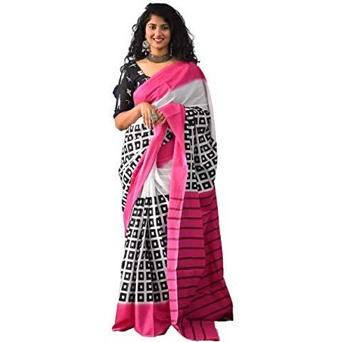 JALTHER Handicrafts Womens Ikat Hand Block Print Jaipuri Cotton Mulmul Saree with Blouse Piece Pink