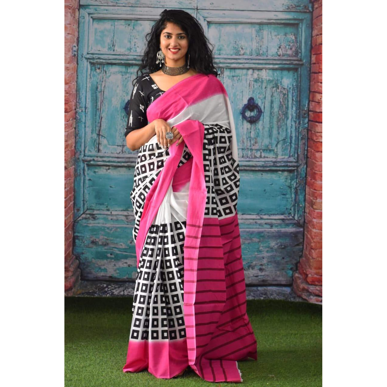 JALTHER Handicrafts Womens Ikat Hand Block Print Jaipuri Cotton Mulmul Saree with Blouse Piece Pink
