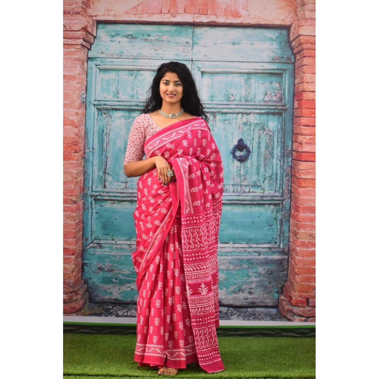 Jalther Handicrafts Womens Ikat Hand Block Print Jaipuri Cotton Mulmul Saree with Blouse Piece Pink