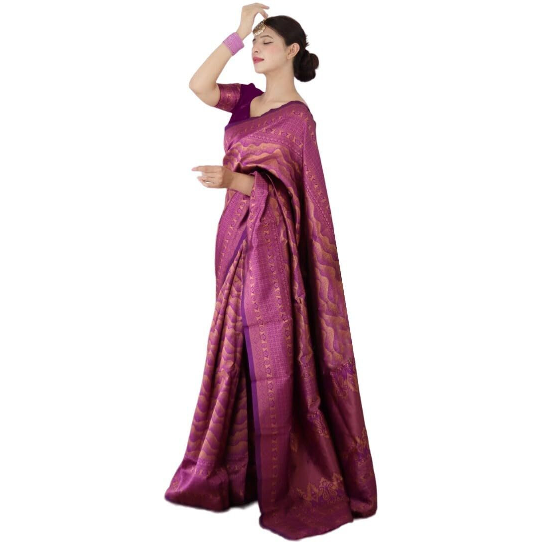 Yashika Womens Trendy Banarasi Kanjivaram Art Silk Purple Color Saree with Blouse Material(TANNU PURPLE)