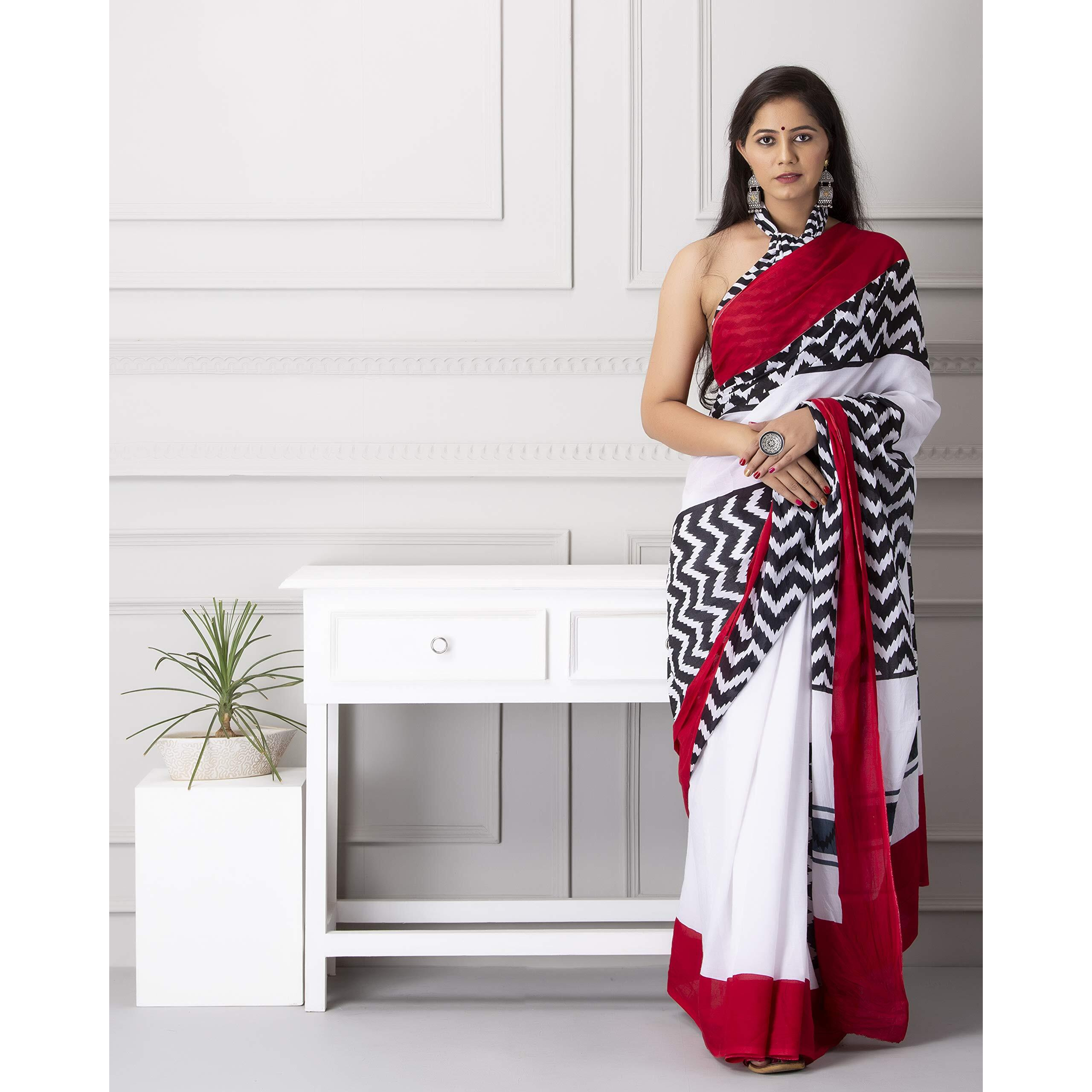 Jalther Handicrafts Womens Ikat Hand Block Print Jaipuri Cotton Mulmul Saree with Blouse Piece - White