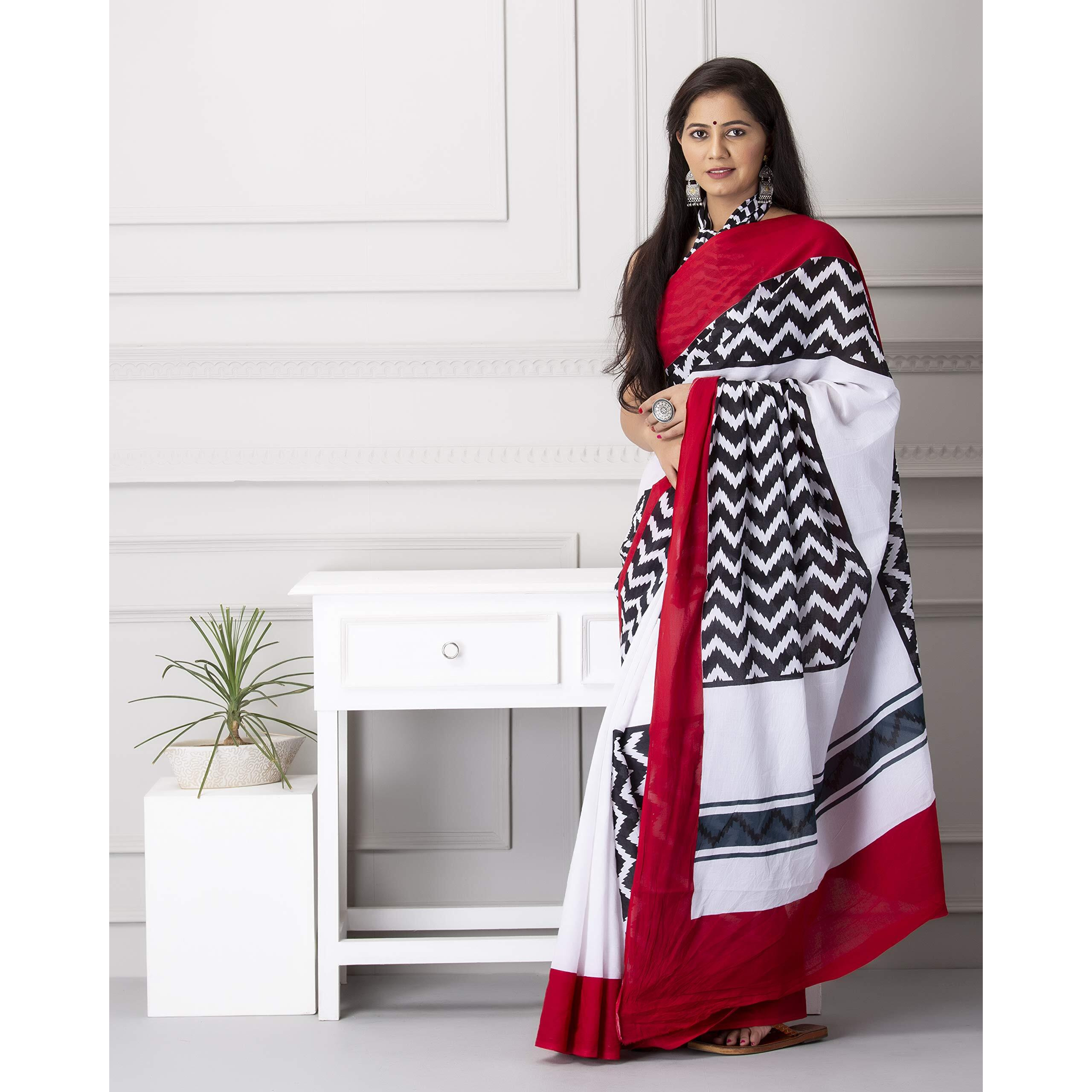 Jalther Handicrafts Womens Ikat Hand Block Print Jaipuri Cotton Mulmul Saree with Blouse Piece - White