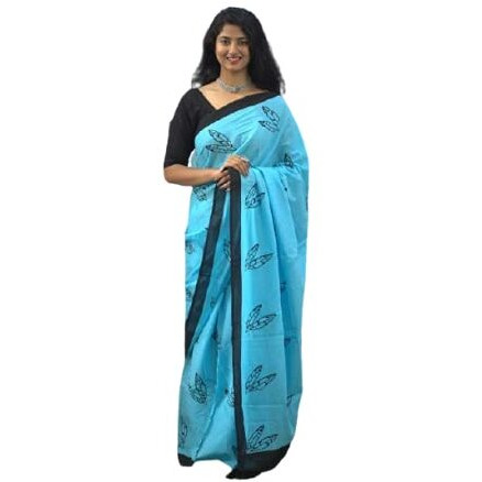 JALTHER Womens Ikat Hand Block Print Jaipuri Cotton Mulmul Saree with Blouse Piece -Turquoise_Jal117