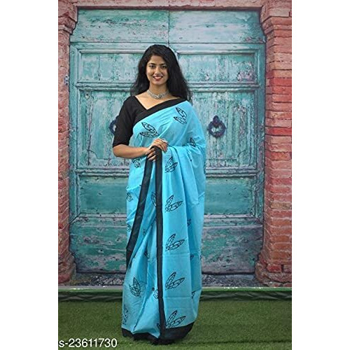 JALTHER Womens Ikat Hand Block Print Jaipuri Cotton Mulmul Saree with Blouse Piece -Turquoise_Jal117