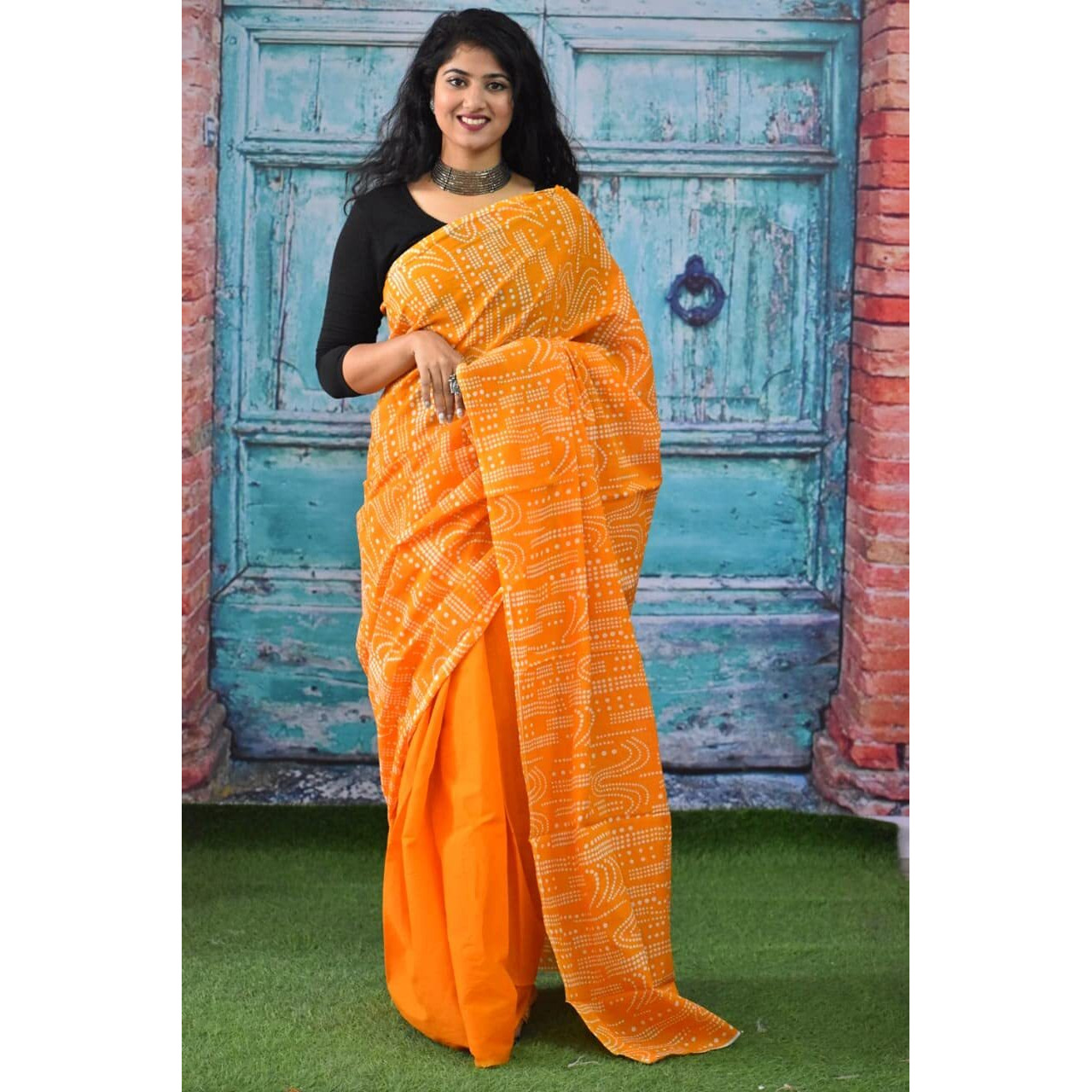 JALTHER Womens Ikat Hand Block Print Jaipuri Cotton Mulmul Saree with Blouse Piece -Orange_Jal129