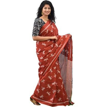 JALTHER Womens Ikat Hand Block Print Jaipuri Cotton Mulmul Saree with Blouse Piece -Maroon_Jal118