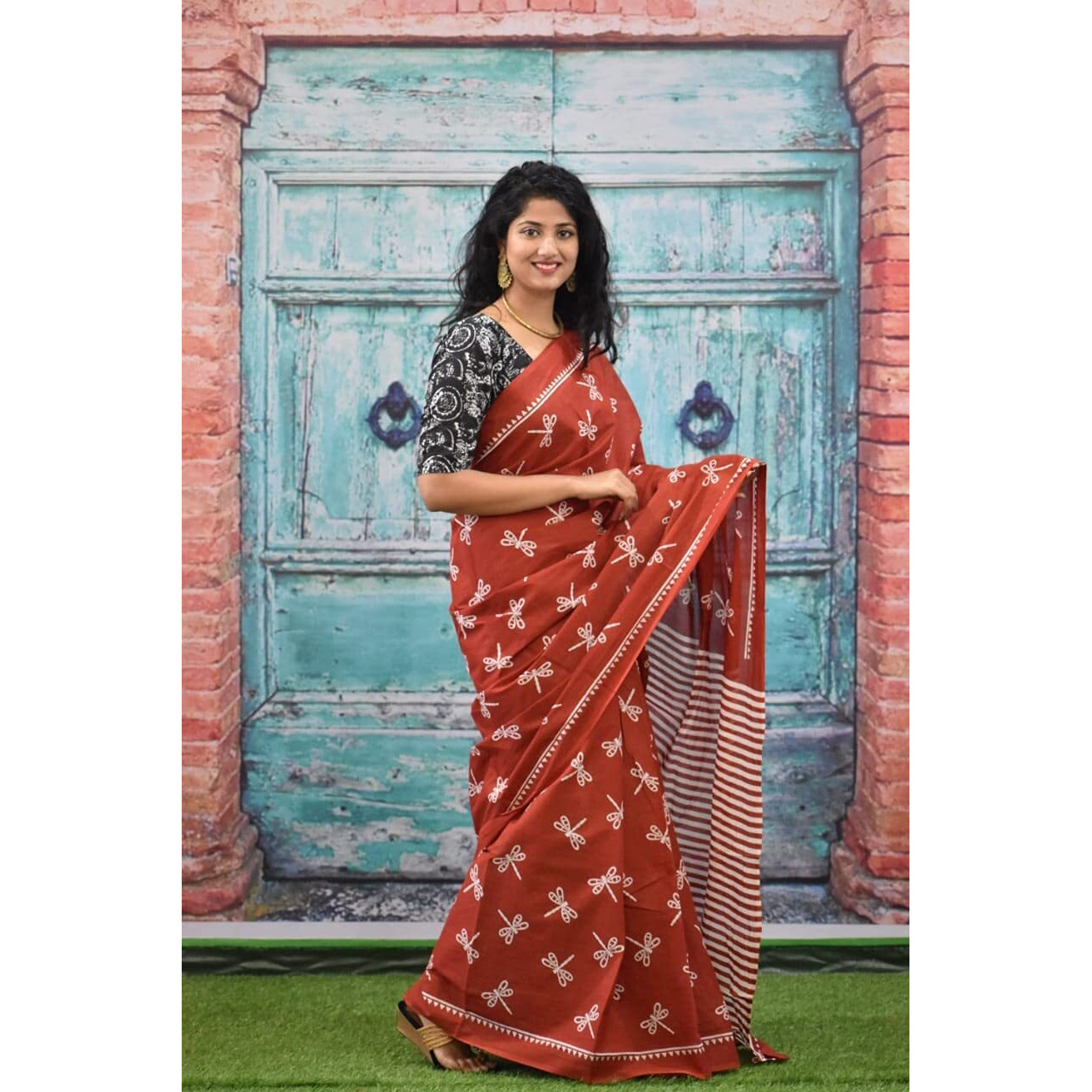 JALTHER Womens Ikat Hand Block Print Jaipuri Cotton Mulmul Saree with Blouse Piece -Maroon_Jal118
