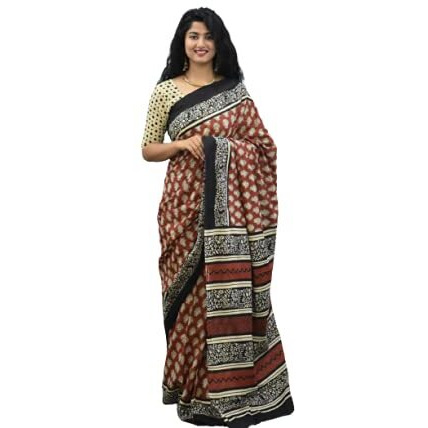 JALTHER Womens Ikat Hand Block Print Jaipuri Cotton Mulmul Saree with Blouse Piece -Brown_Jal279
