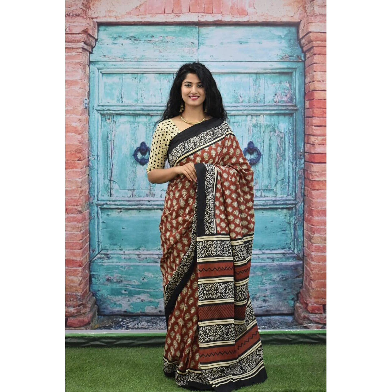 JALTHER Womens Ikat Hand Block Print Jaipuri Cotton Mulmul Saree with Blouse Piece -Brown_Jal279