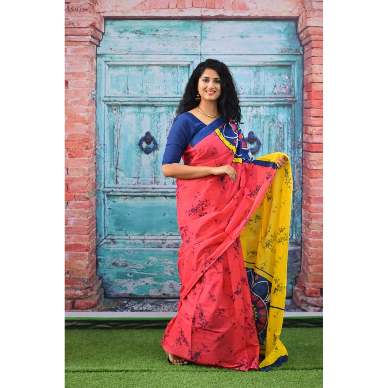 JALTHER Womens Ikat Hand Block Print Jaipuri Cotton Mulmul Saree with Blouse Piece -Pink_Jal286