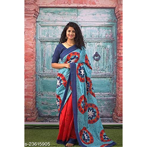 JALTHER Womens Ikat Hand Block Print Jaipuri Cotton Mulmul Saree with Blouse Piece -Blue_Jal290