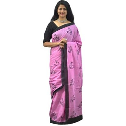 JALTHER Womens Ikat Hand Block Print Jaipuri Cotton Mulmul Saree with Blouse Piece -Pink_Jal124