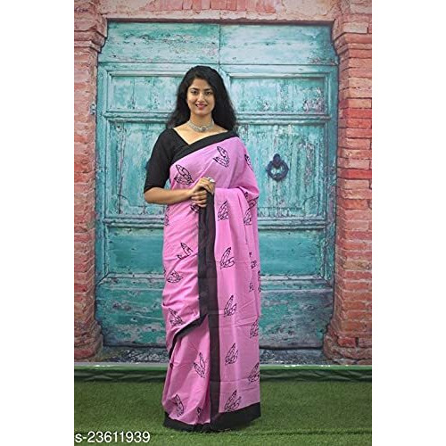 JALTHER Womens Ikat Hand Block Print Jaipuri Cotton Mulmul Saree with Blouse Piece -Pink_Jal124