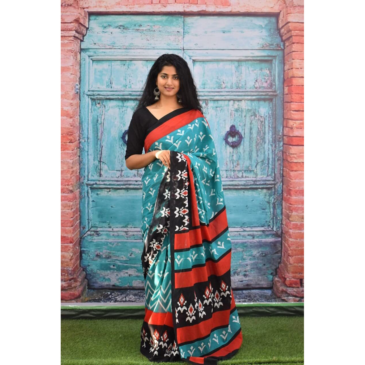 JALTHER Womens Ikat Hand Block Print Jaipuri Cotton Mulmul Saree with Blouse Piece -Green_Jal282