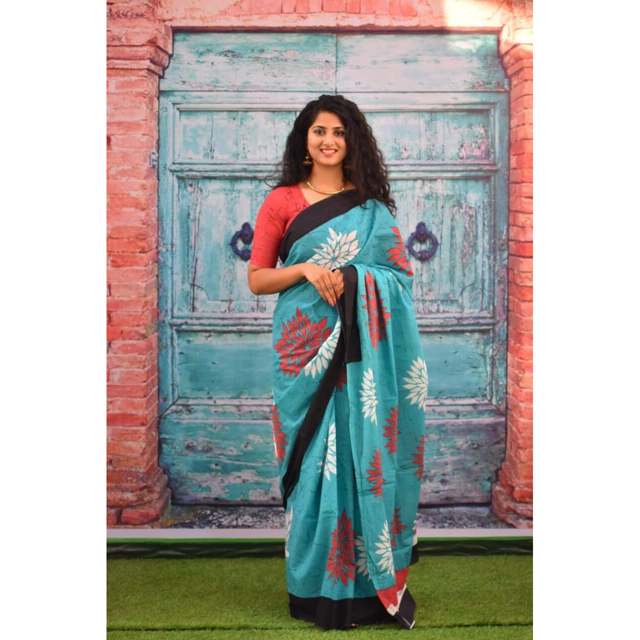 JALTHER Womens Ikat Hand Block Print Jaipuri Cotton Mulmul Saree with Blouse Piece -Turquoise_Jal289