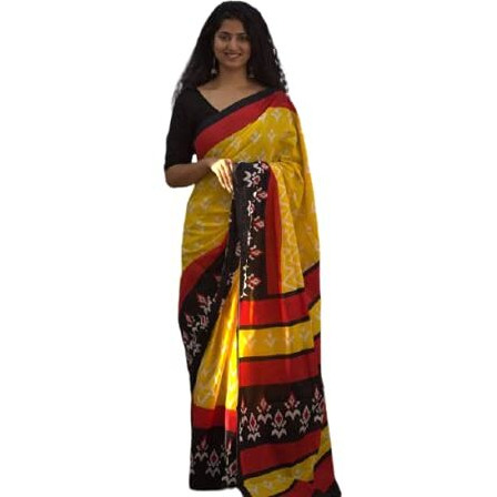 JALTHER Womens Ikat Hand Block Print Jaipuri Cotton Mulmul Saree with Blouse Piece -Yellow_Jal283