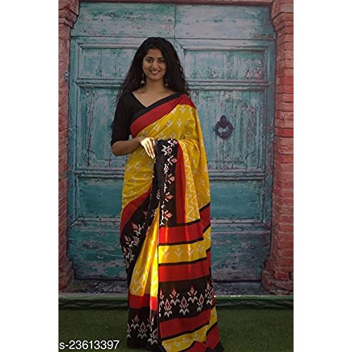 JALTHER Womens Ikat Hand Block Print Jaipuri Cotton Mulmul Saree with Blouse Piece -Yellow_Jal283