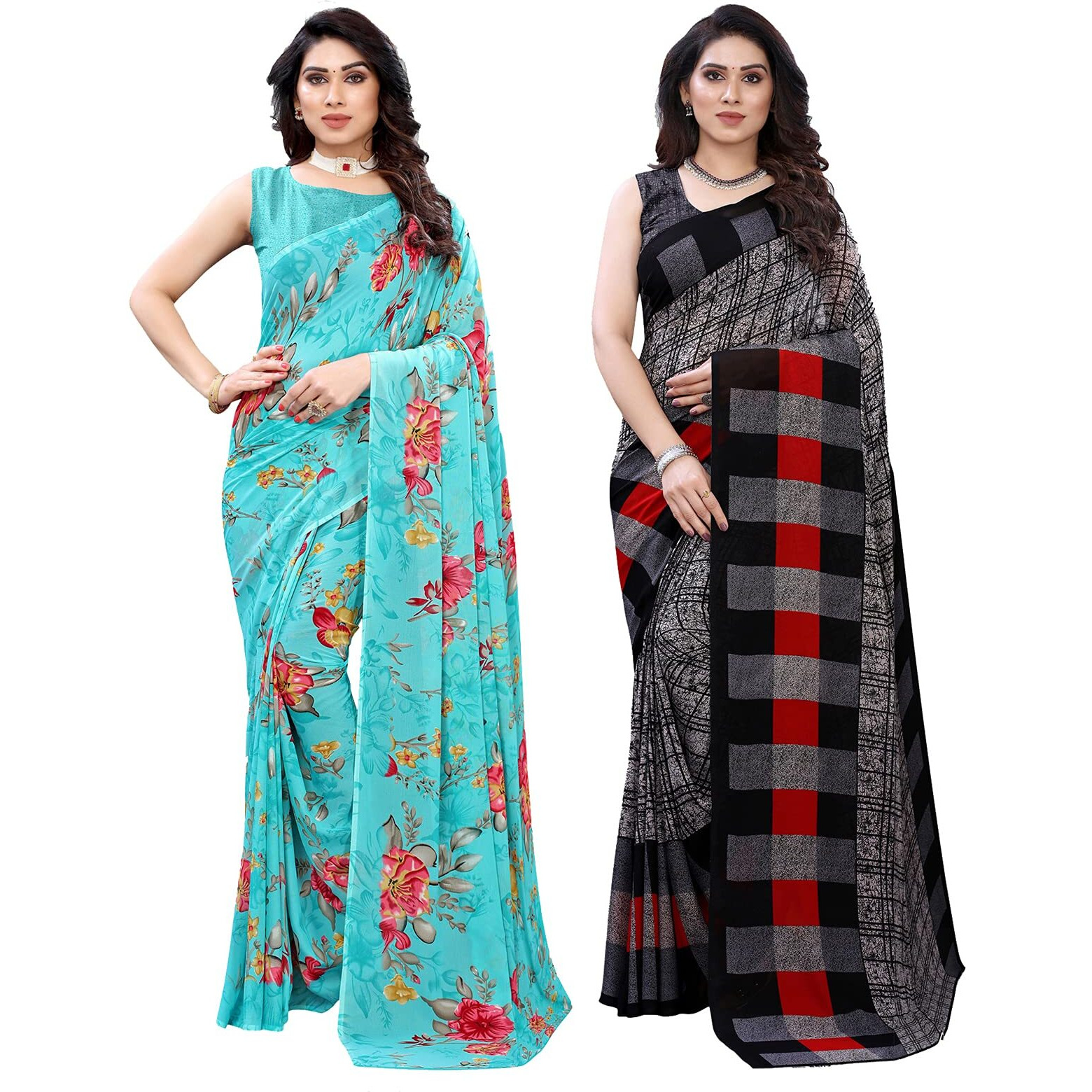Satrani Womens Polyester Saree (1850ST176_1989ST385_Blue||Grey)