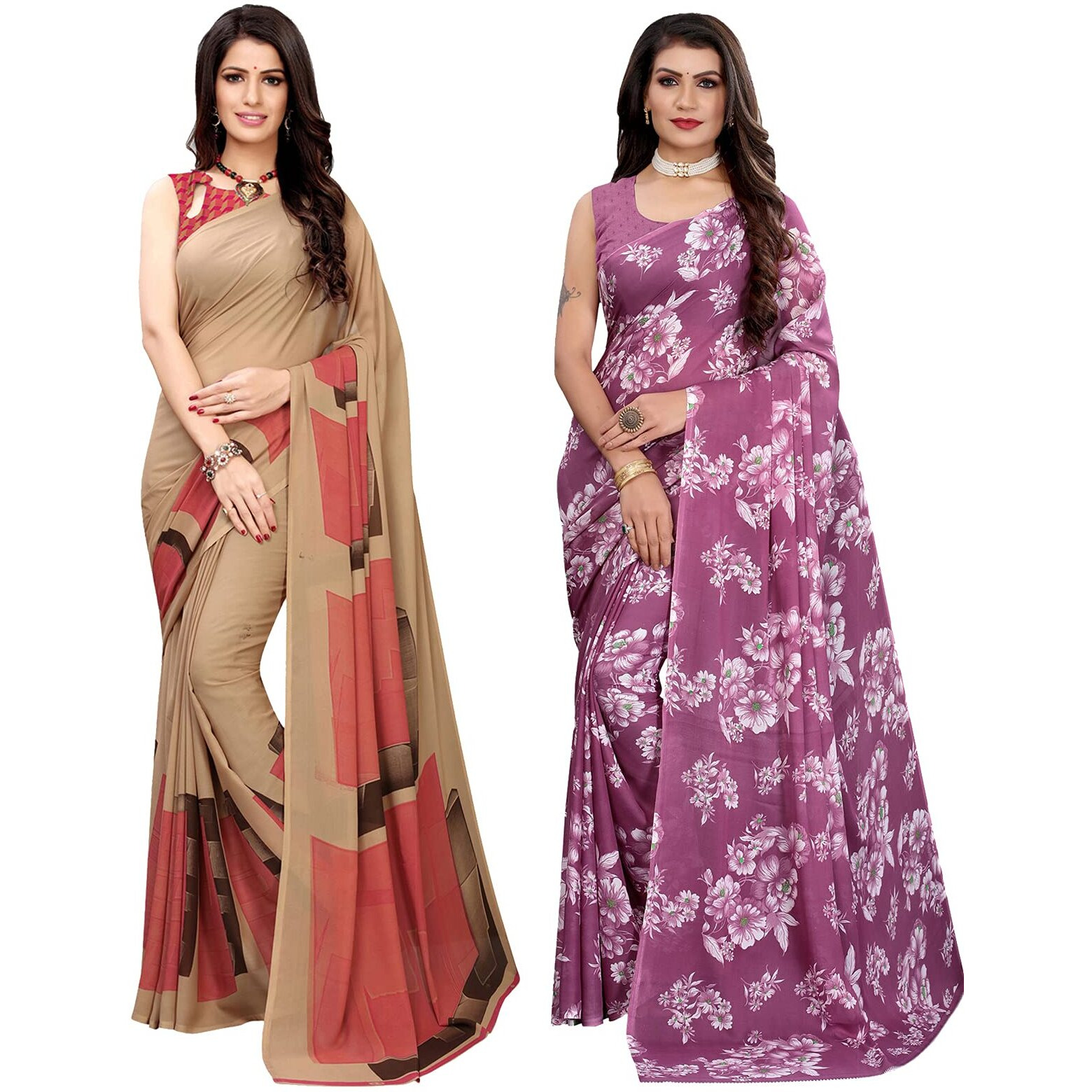 Satrani Womens Polyester Saree (1182ST117_2024ST566_Beige||Purple)