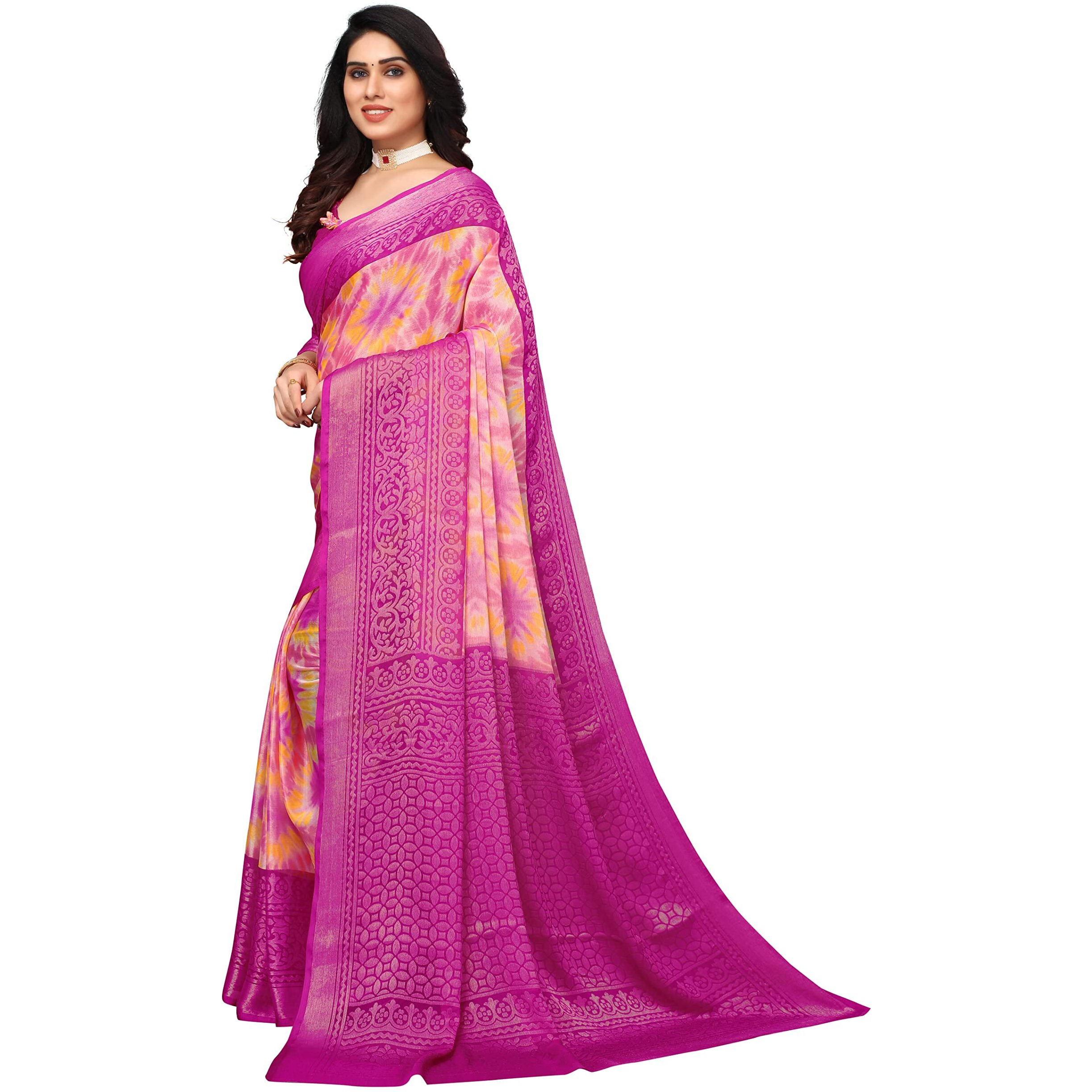 Winza Designer PS Brasso Hari Magenta W Plain Chiffon sarees for women