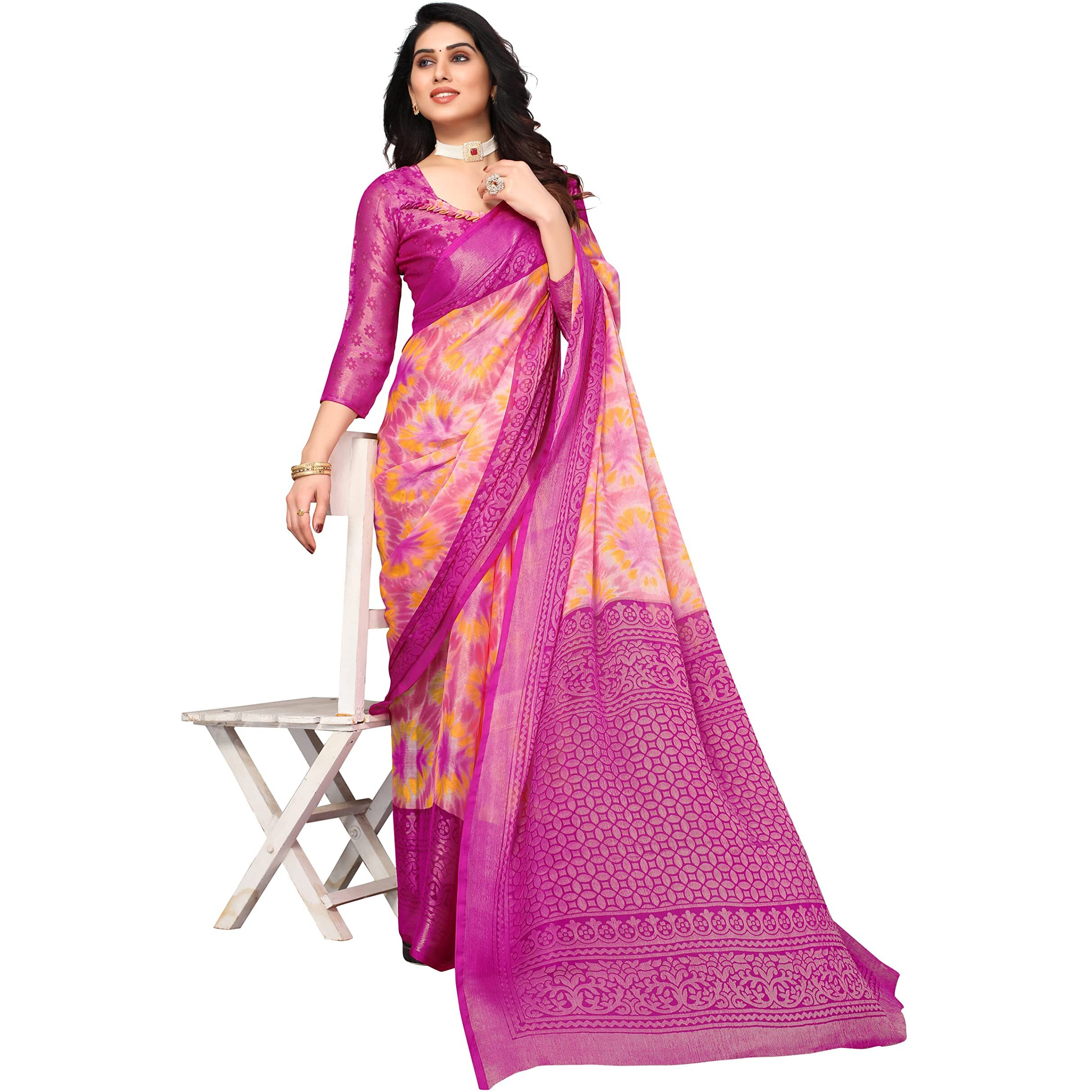 Winza Designer PS Brasso Hari Magenta W Plain Chiffon sarees for women