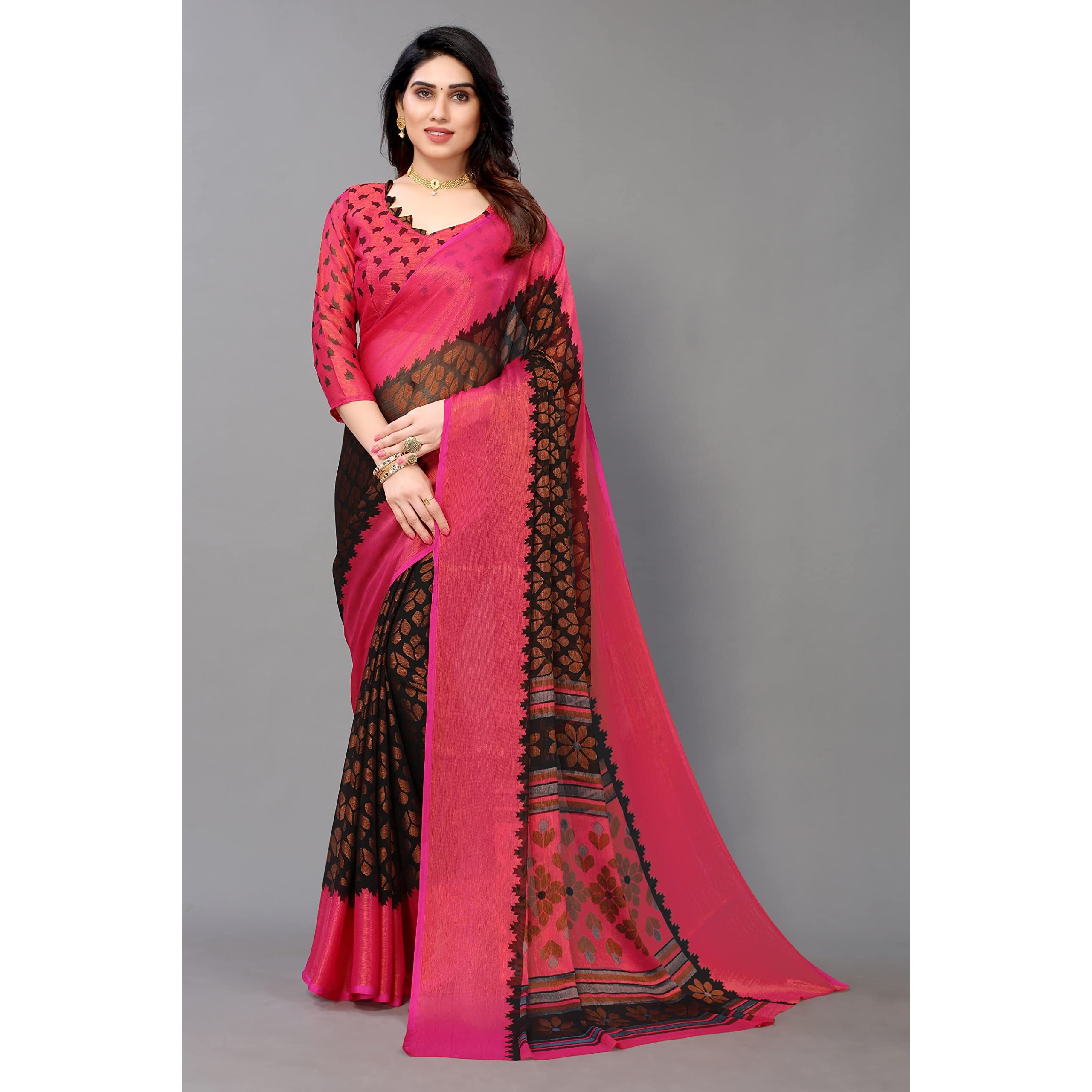 Winza Designer PS Brasso Aadi Black Pink_W Plain Chiffon sarees for women