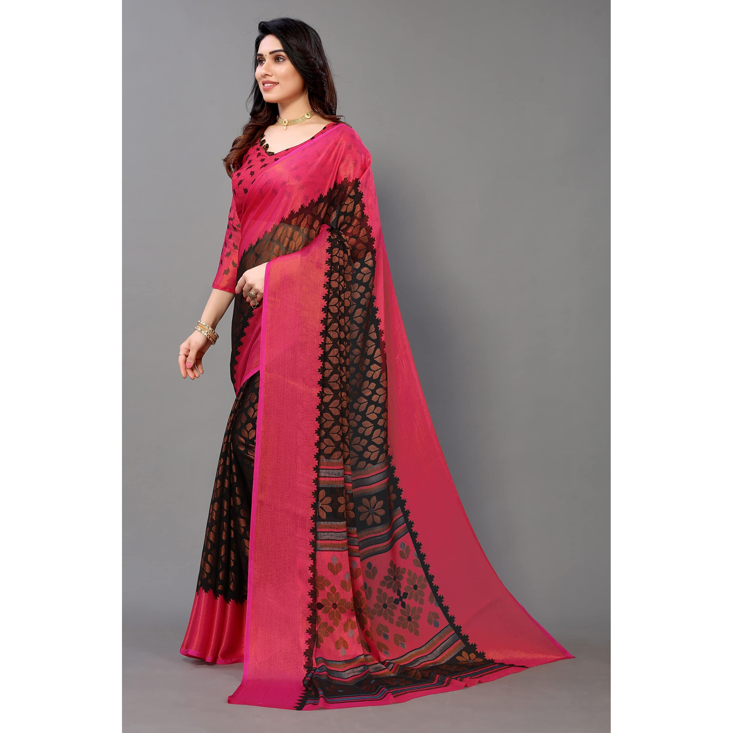 Winza Designer PS Brasso Aadi Black Pink_W Plain Chiffon sarees for women