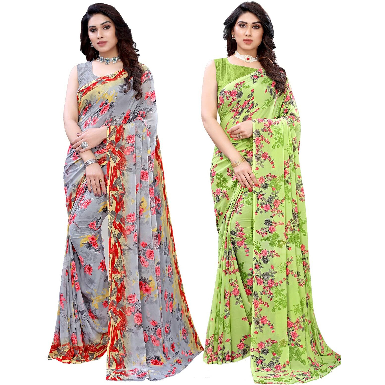 Satrani Womens Polyester Saree (1926ST306_1850ST172_Grey||Light Green)