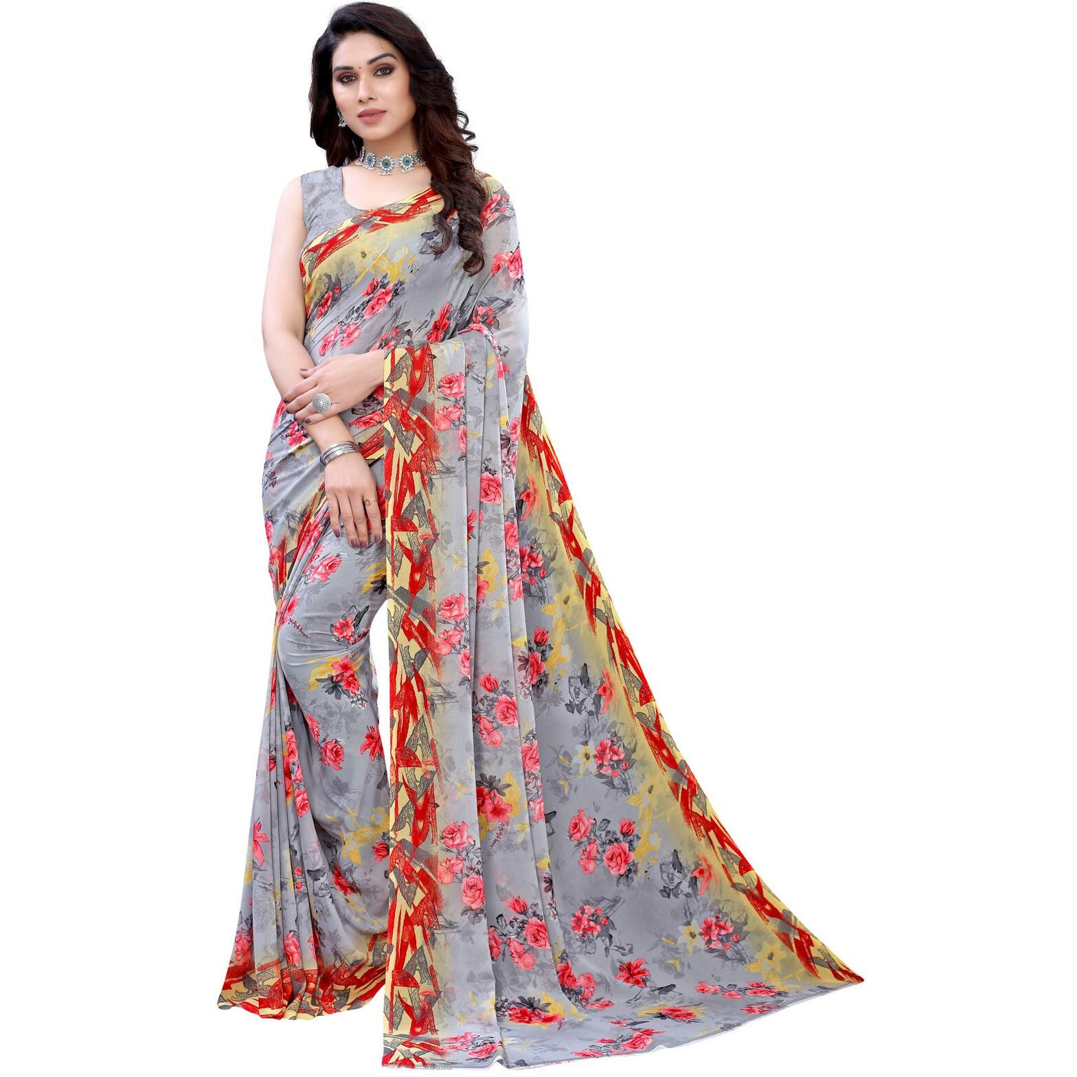 Satrani Womens Polyester Saree (1926ST306_1850ST172_Grey||Light Green)