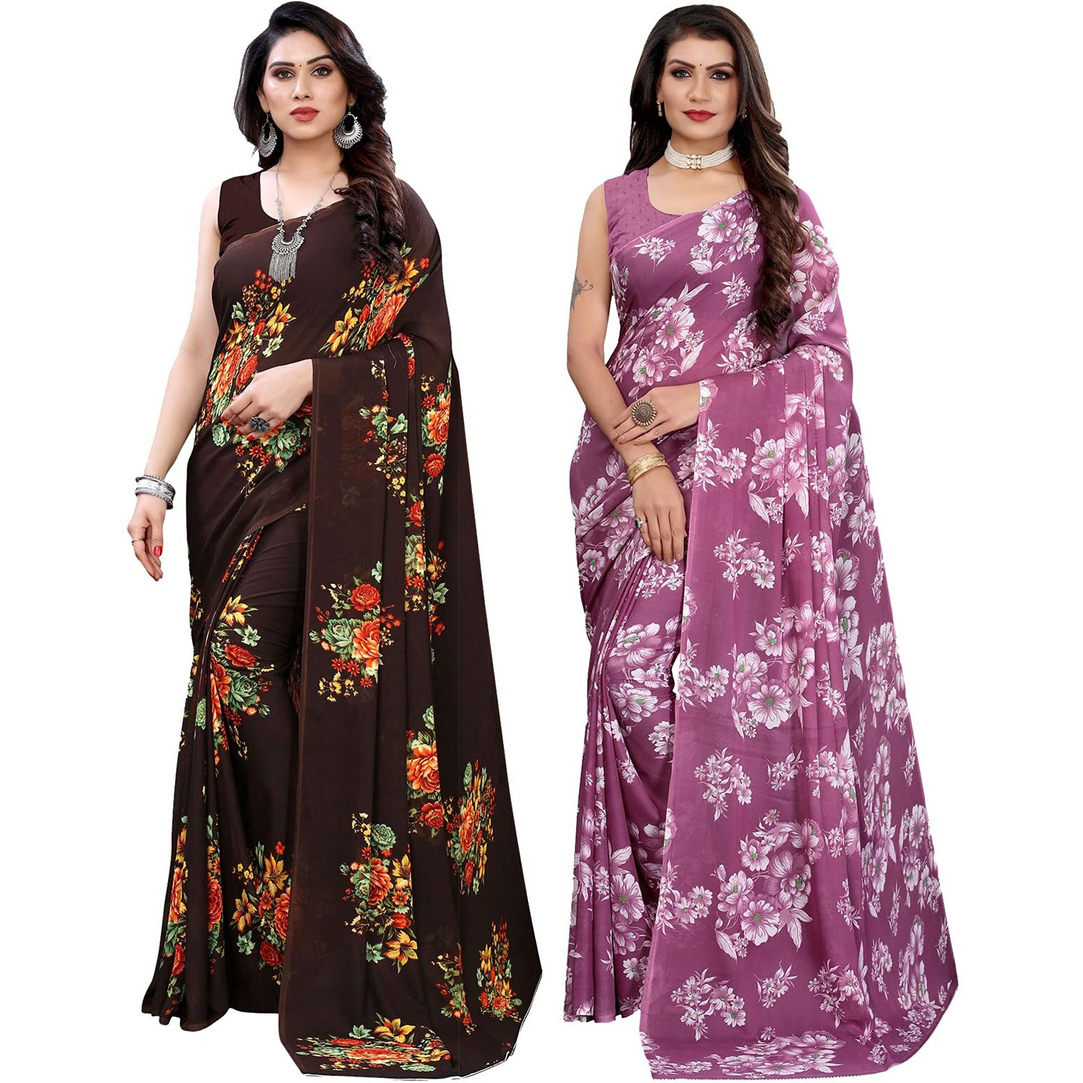 Satrani Womens Polyester Saree (1955ST345_2024ST566_Brown||Purple)