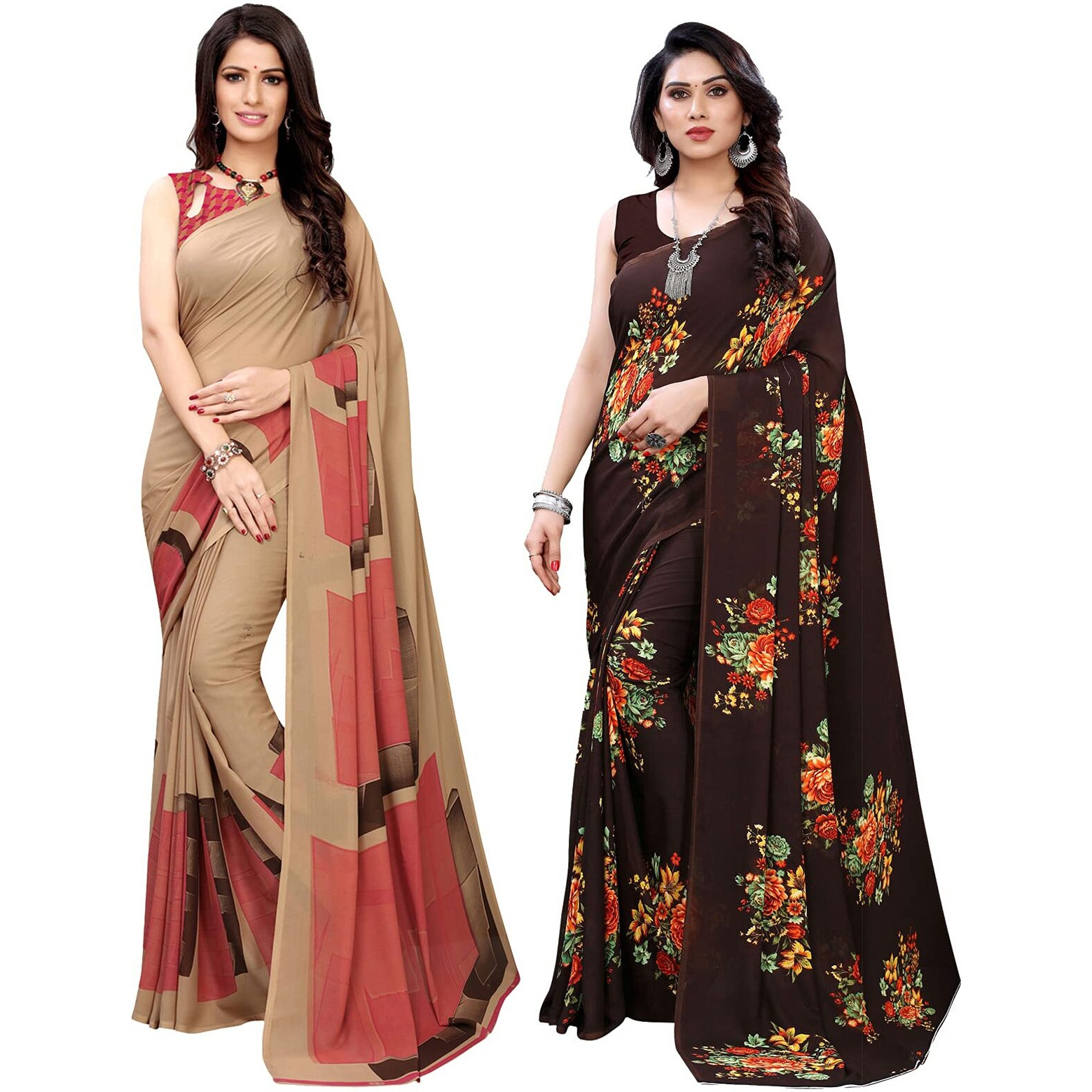Satrani Womens Polyester Saree (1182ST117_1955ST345_Beige||Brown)