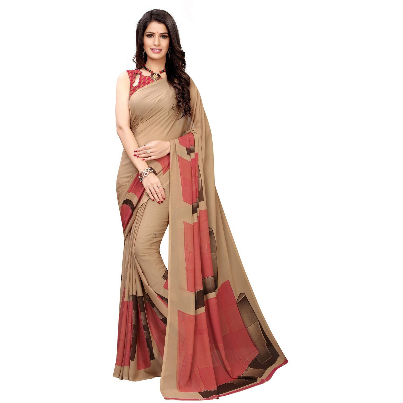 Satrani Womens Polyester Saree (1182ST117_1955ST345_Beige||Brown)