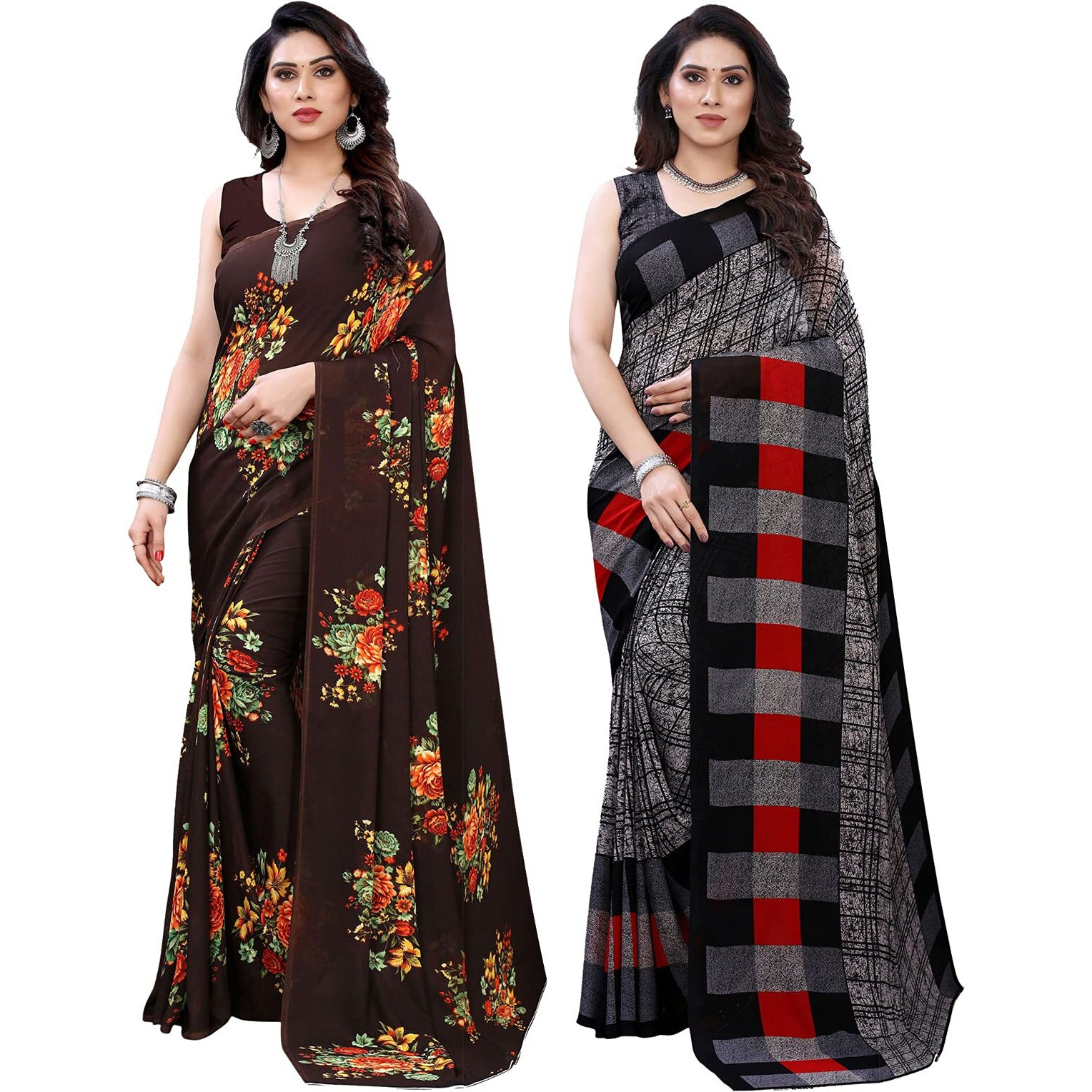 Satrani Womens Polyester Saree (1955ST345_1989ST385_Brown||Grey1)