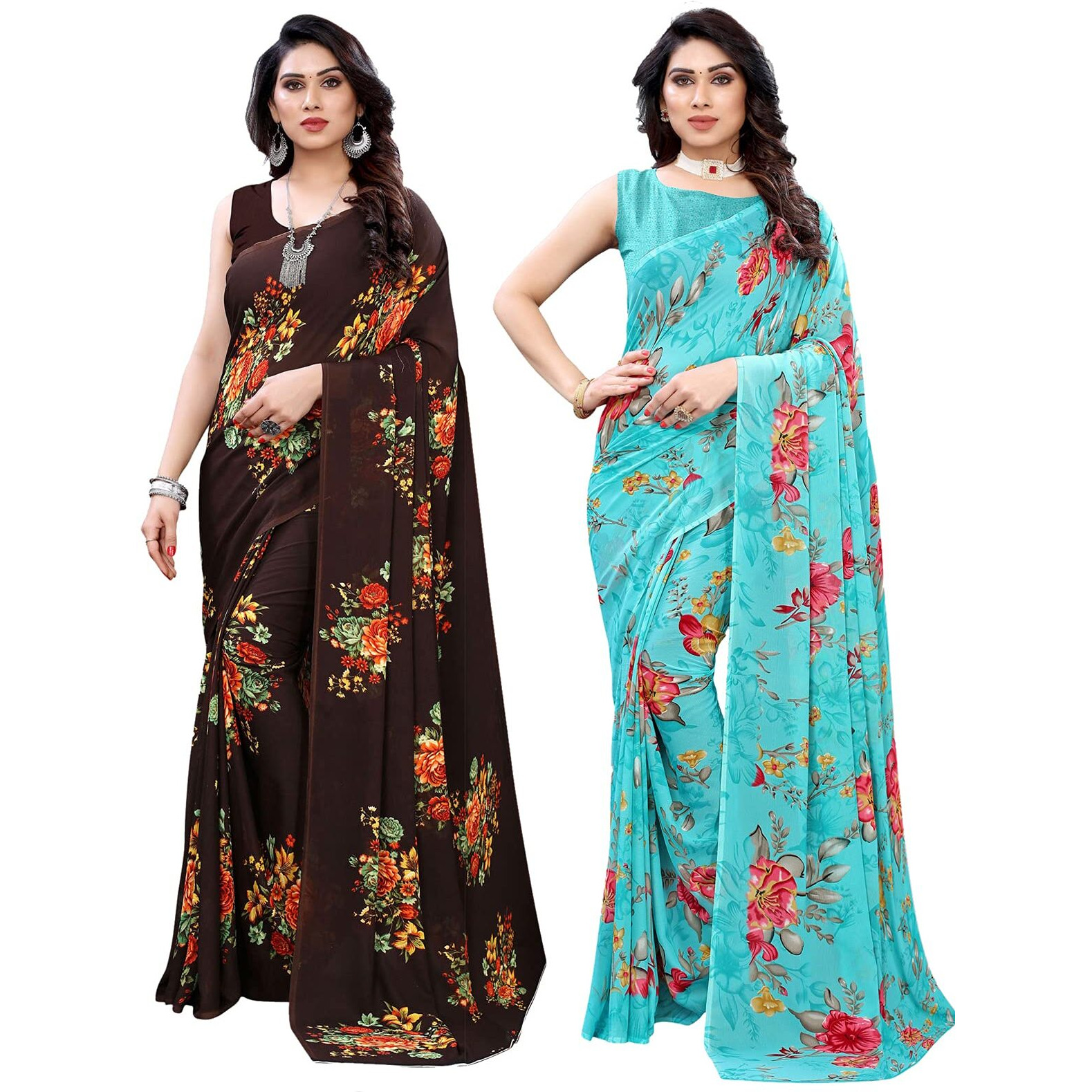 Satrani Womens Polyester Saree (1955ST345_1850ST176_Brown||Blue)