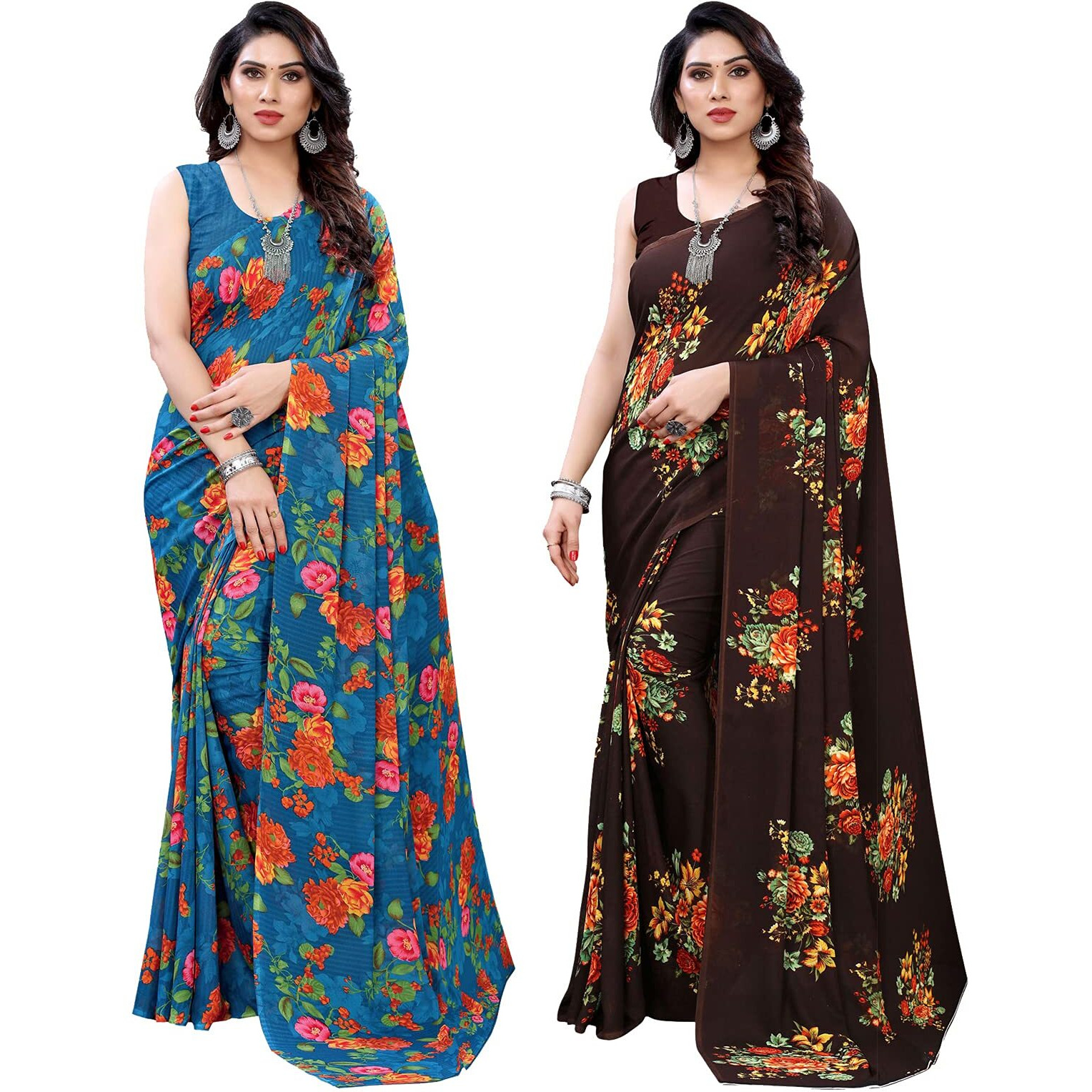 Satrani Womens Polyester Saree (1955ST350_1955ST345_Blue||Brown)