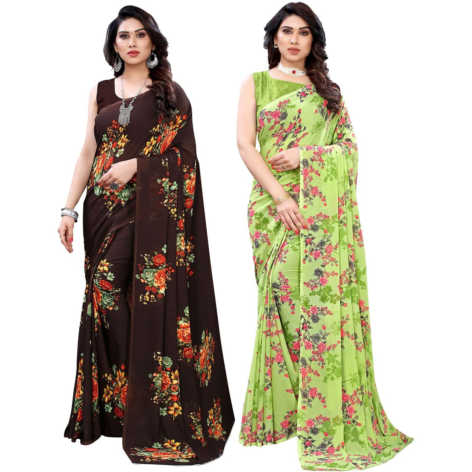 Satrani Womens Polyester Saree (1955ST345_1850ST172_Brown||Light Green)