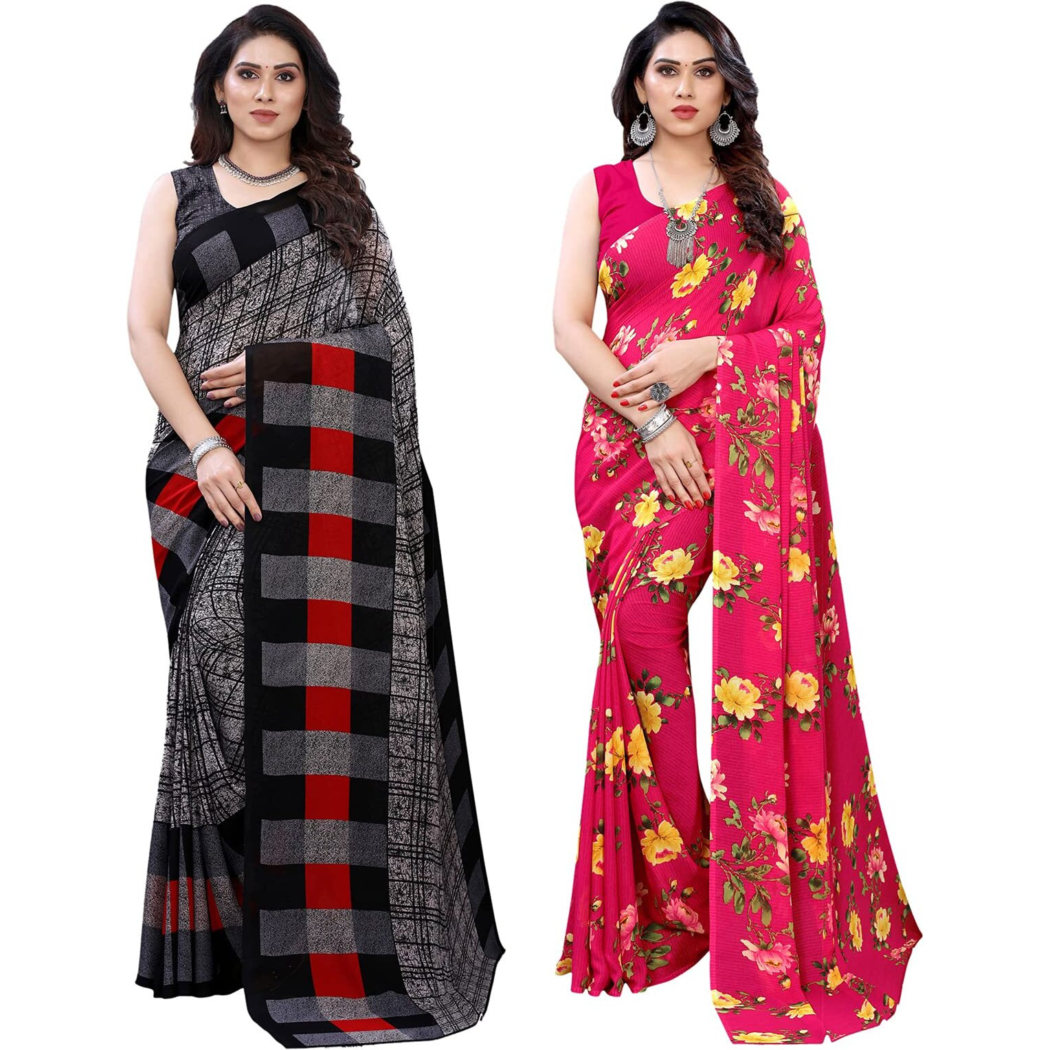 Satrani Womens Polyester Saree (1989ST385_1955ST348_Grey||Red)