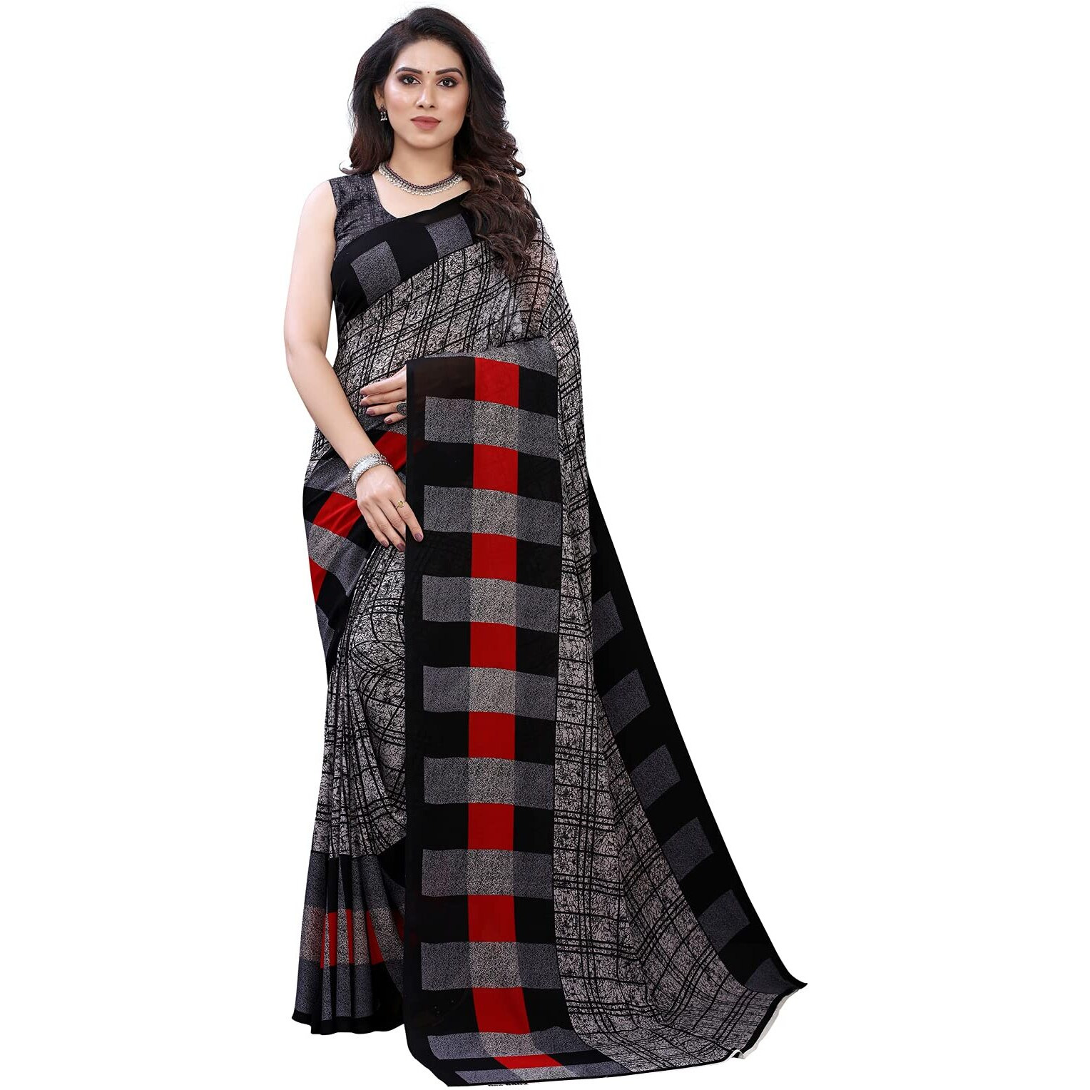 Satrani Womens Polyester Saree (1989ST385_1955ST348_Grey||Red)