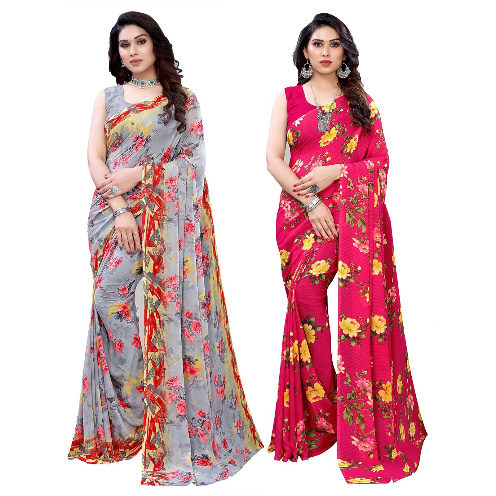 Satrani Womens Polyester Saree (1926ST306_1955ST348_Grey||Red3)