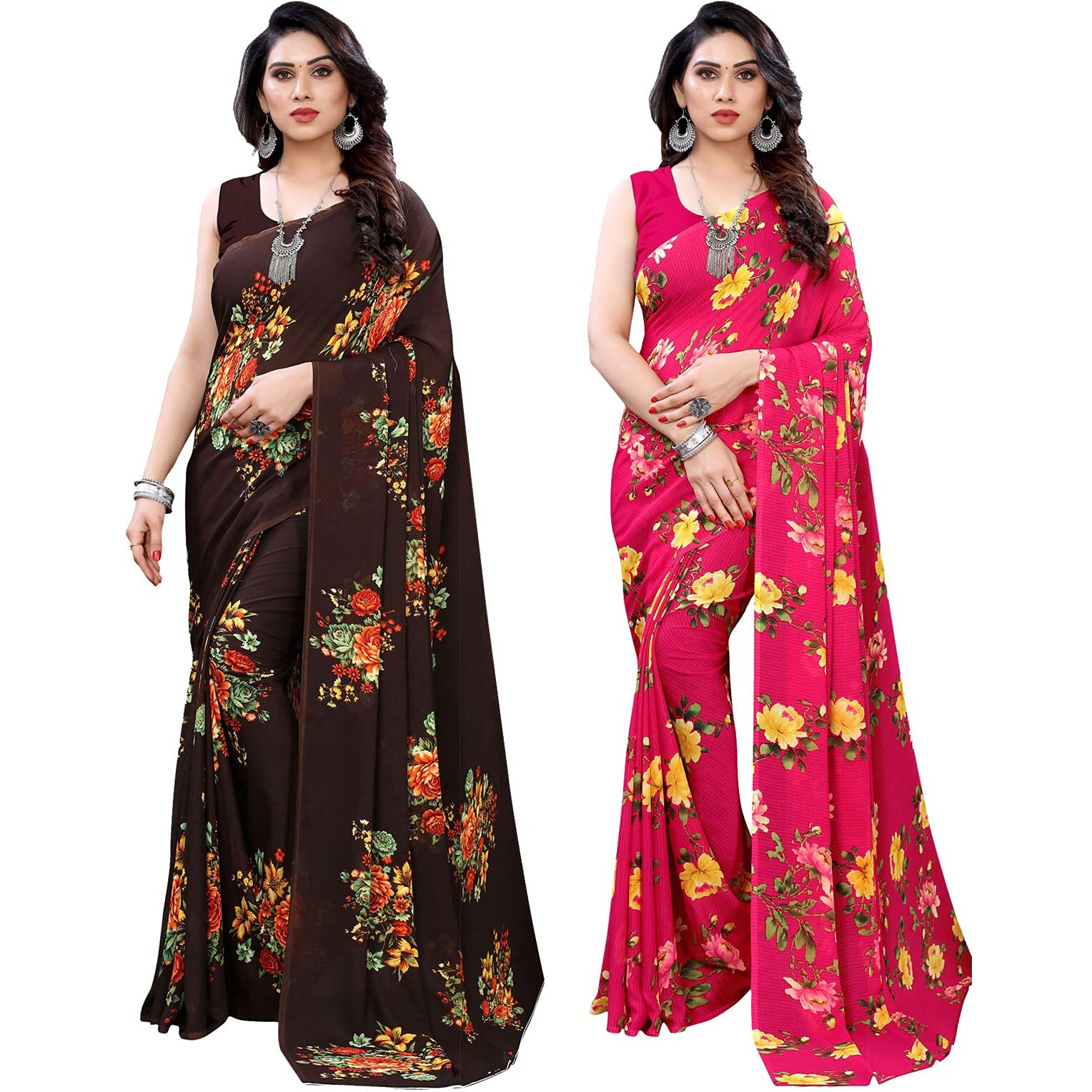 Satrani Womens Polyester Saree (1955ST345_1955ST348_Brown||Red)