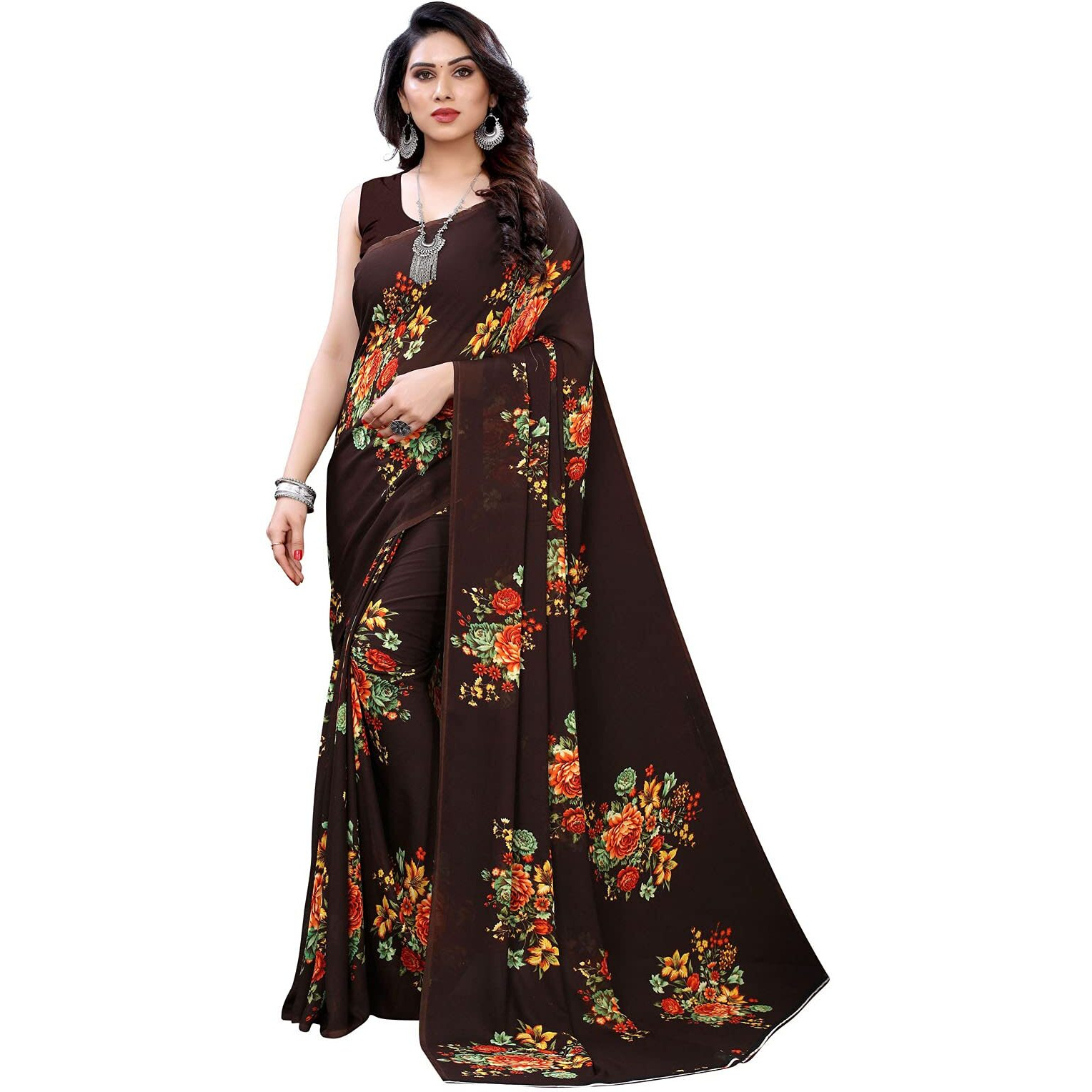 Satrani Womens Polyester Saree (1955ST345_1955ST348_Brown||Red)